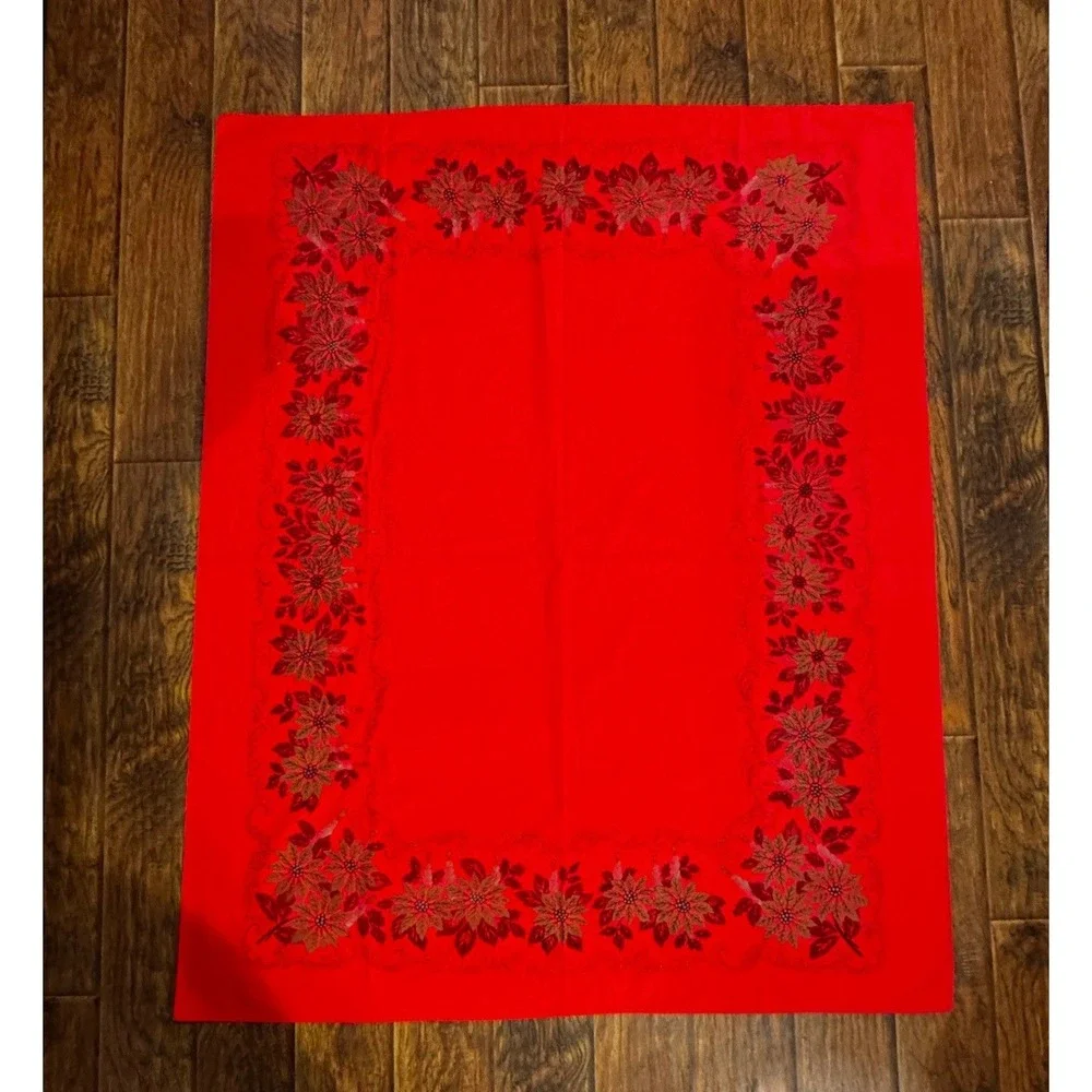 Vintage Christmas Poinsettia Tablecloth Red Rectangle 52x62